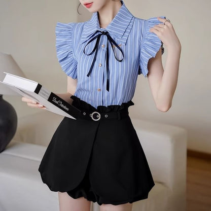 Striped Sleeveless Collared Button-Up Shirt with High-Waisted Ruffle Shorts Set