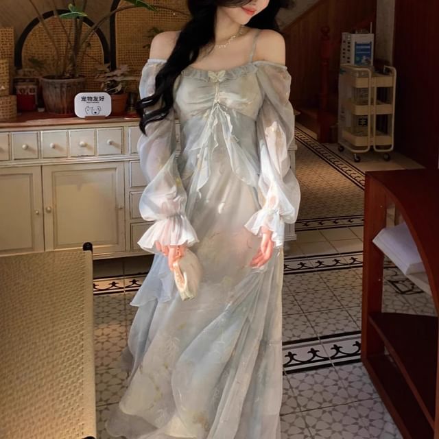 Tie-Dye Long Sleeve Square Neck A-Line Dress - Altfashion Shop