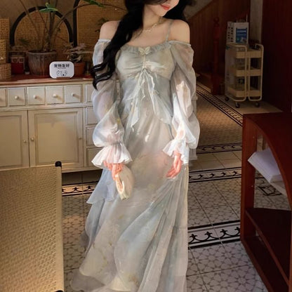 Tie-Dye Long Sleeve Square Neck A-Line Dress - Altfashion Shop