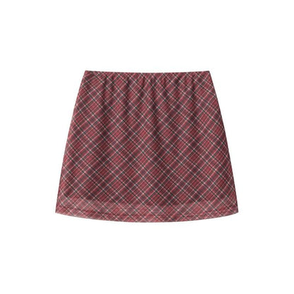 Plaid Ruched Top and Mini A-Line Skirt Set