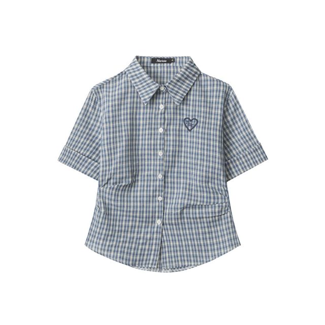 Plaid Collared Cropped Short-Sleeved Shirt