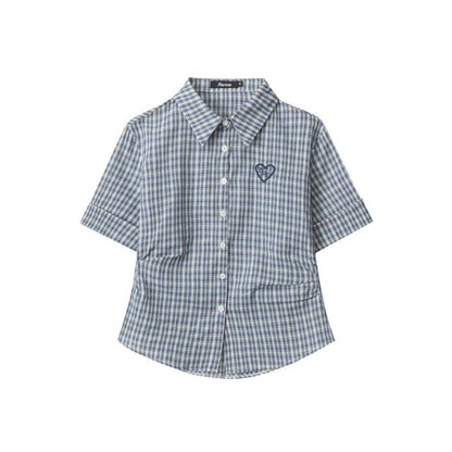Plaid Collared Cropped Short-Sleeved Shirt