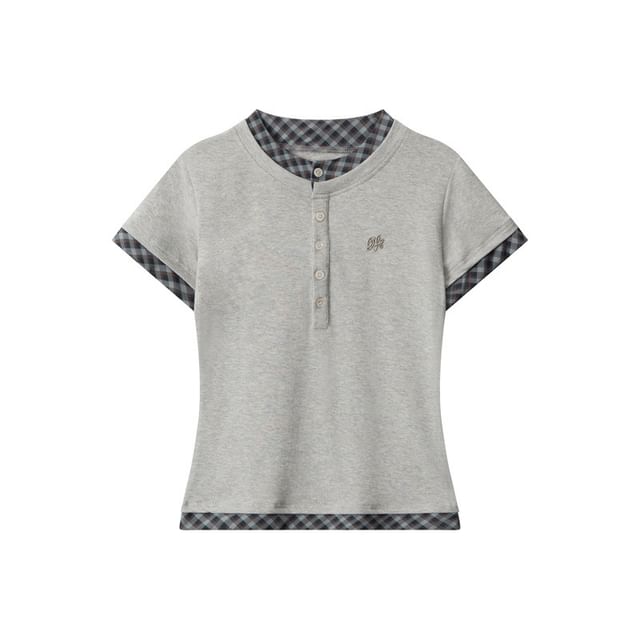 Plaid Trimmed Henley-Neck Short-Sleeved Tee
