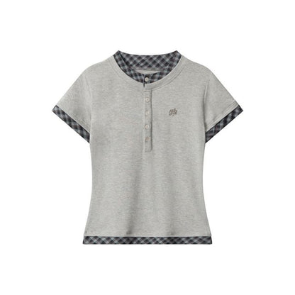 Plaid Trimmed Henley-Neck Short-Sleeved Tee