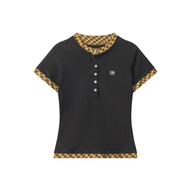 Plaid Trimmed Henley-Neck Short-Sleeved Tee