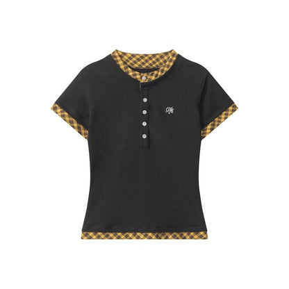 Plaid Trimmed Henley-Neck Short-Sleeved Tee