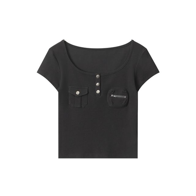 Plain Scoop-Neck Cropped Short-Sleeved Tee