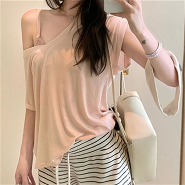 Plain V-Neck Short-Sleeved Loose-Fit Tee