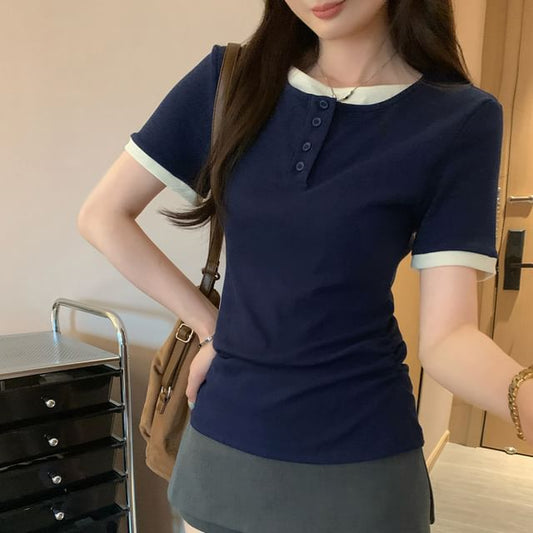 Mock Two-Piece Half-Button Short-Sleeved Slim-Fit Top
