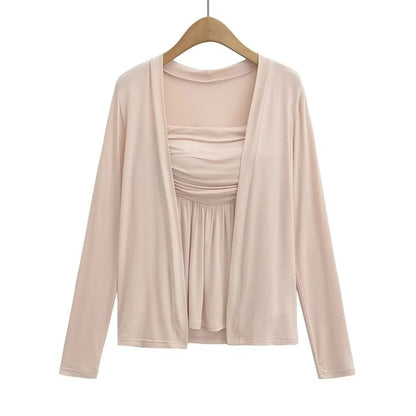 Plain Long-Sleeved Light Cardigan with Tube Top Set