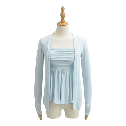 Plain Long-Sleeved Light Cardigan with Tube Top Set