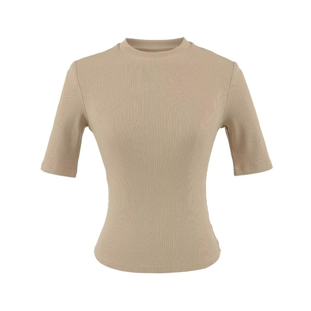 Ribbed-Knit Plain Short-Sleeved Slim-Fit Cropped Top