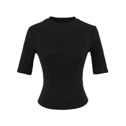 Ribbed-Knit Plain Short-Sleeved Slim-Fit Cropped Top