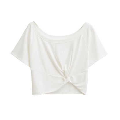 Plain Cold-Shoulder Short-Sleeved Knotted Cropped Tee