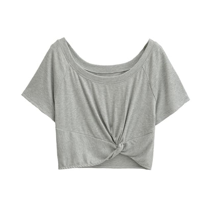 Plain Cold-Shoulder Short-Sleeved Knotted Cropped Tee
