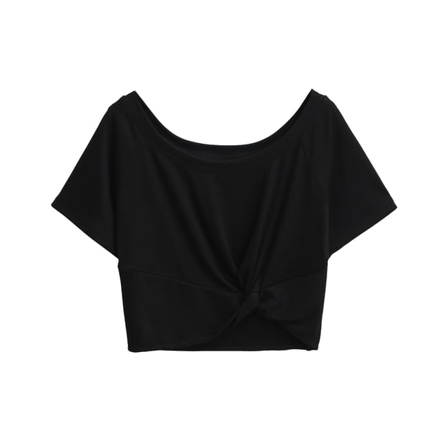Plain Cold-Shoulder Short-Sleeved Knotted Cropped Tee