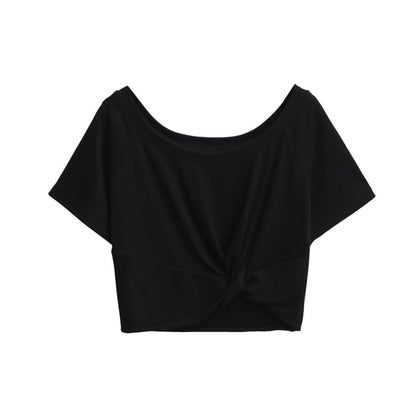 Plain Cold-Shoulder Short-Sleeved Knotted Cropped Tee