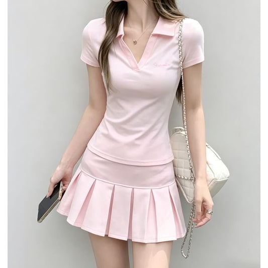 Polo Shirt & Pleated Mini Skirt