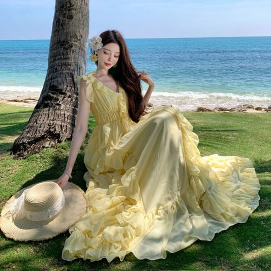 Sleeveless V-Neck Ruffle Trim Maxi Dress - Altfashion Shop