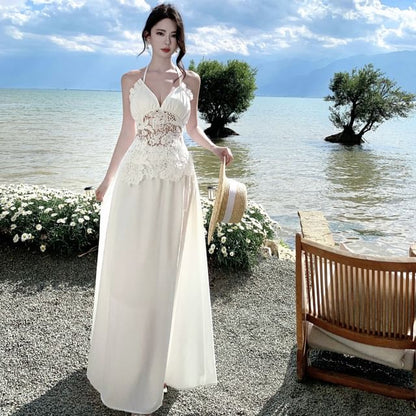 Halter V-Neck Lace Panel Frill Open Back Maxi - Altfashion Shop
