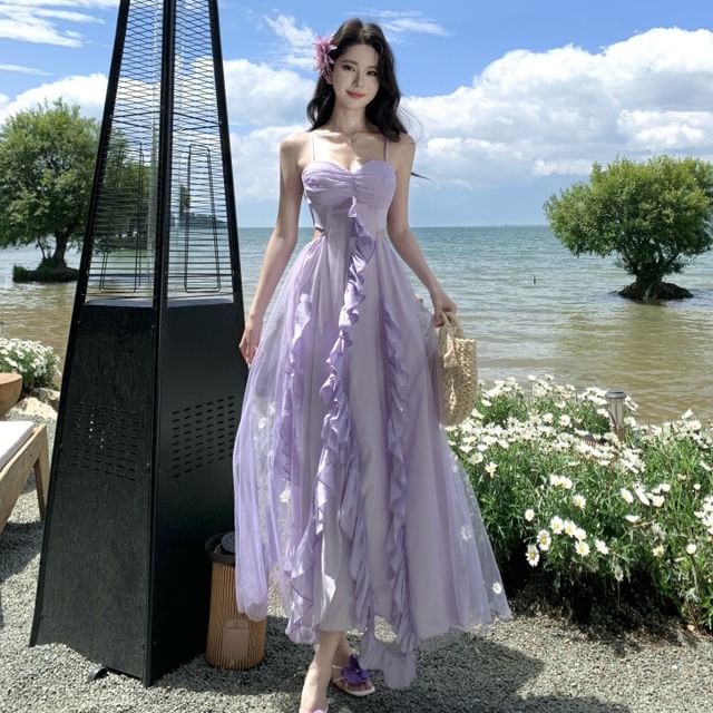 Spaghetti Strap Cutout Mesh Maxi Dress with Slit - Altfashion Shop