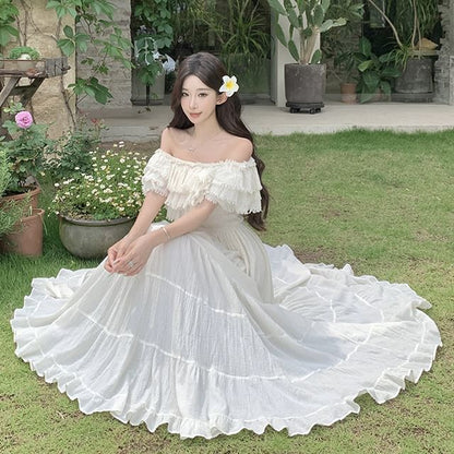 Off-Shoulder Frayed Ruffle Trim Maxi Dress - Altfashion Shop