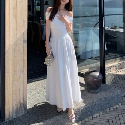 Off-Shoulder Short Sleeve A-Line Maxi Dress - Altfashion Shop