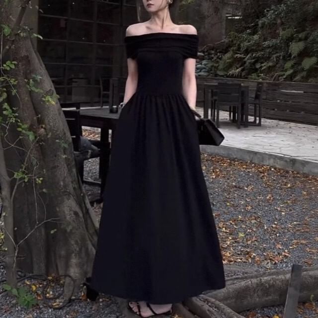 Off-Shoulder Short Sleeve A-Line Maxi Dress - Altfashion Shop