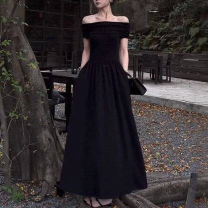Off-Shoulder Short Sleeve A-Line Maxi Dress - Altfashion Shop