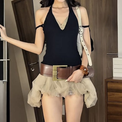 V-Neck Top & Sheer Mini Skirt