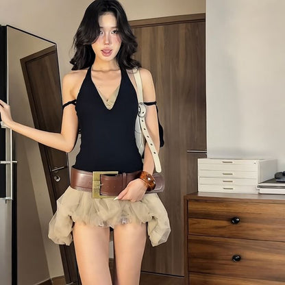 V-Neck Top & Sheer Mini Skirt