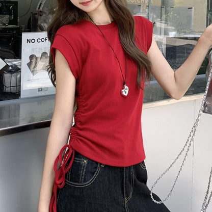 Plain Ruched Slim-Fit Crew-Neck Cap-Sleeved Tee