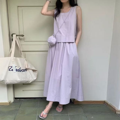 Sleeveless Top and Maxi Skirt Set with Bag