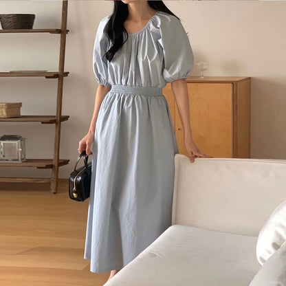 Puff Sleeve Round Neck Two-Way Maxi Dress - Altfashion Shop
