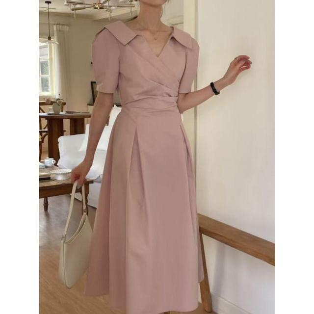 V-Neck Short Sleeve Ruched Wrap Maxi Dress - Altfashion Shop