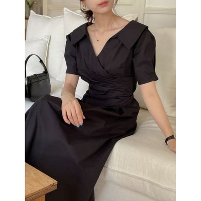 V-Neck Short Sleeve Ruched Wrap Maxi Dress - Altfashion Shop