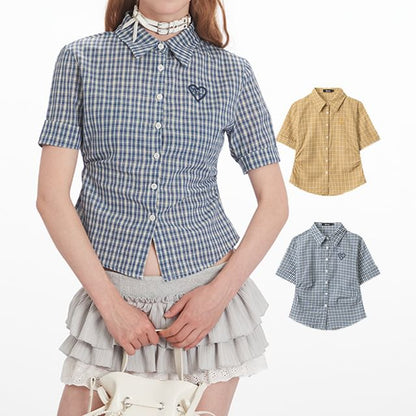 Plaid Collared Cropped Short-Sleeved Shirt