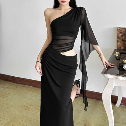 One Shoulder Cut-Out Slit Maxi Dress - Altfashion Shop