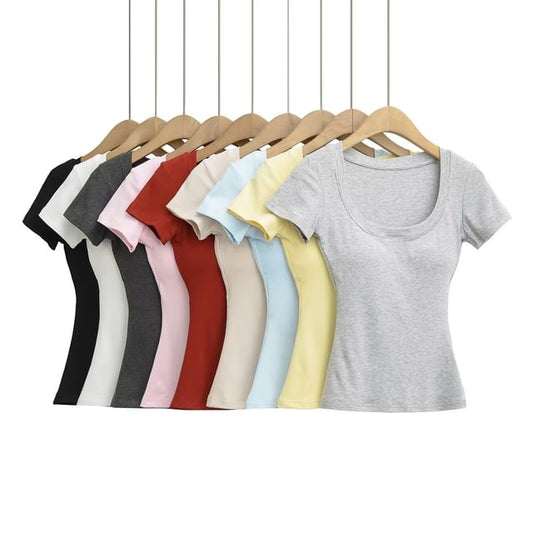 Plain Padded Scoop-Neck Short-Sleeved Cropped T-Shirt