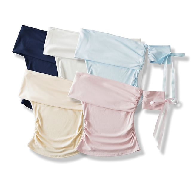 Plain Ruched Off-Shoulder Asymmetric Cropped Mini Top