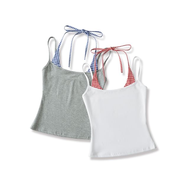 Gingham Panel Mock Two-Piece Halter-Neck Slim-Fit Cropped Top