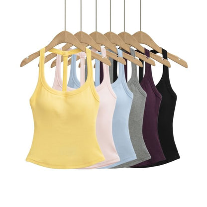 Plain Padded Open-Back Halter-Neck Cropped Top