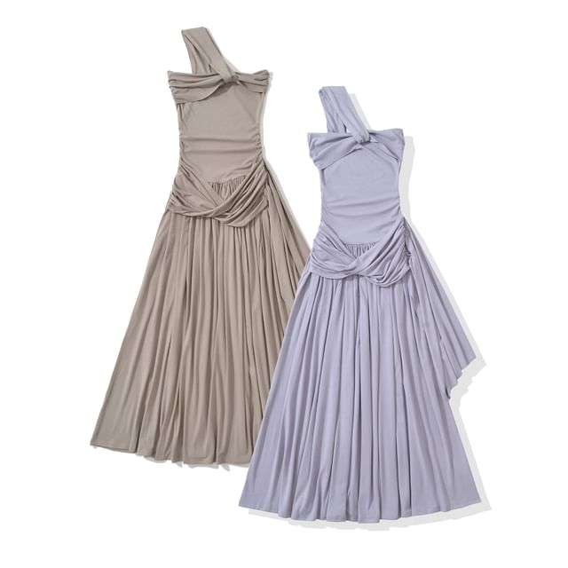 One-Shoulder Sleeveless Ruched Maxi Dress - Altfashion Shop