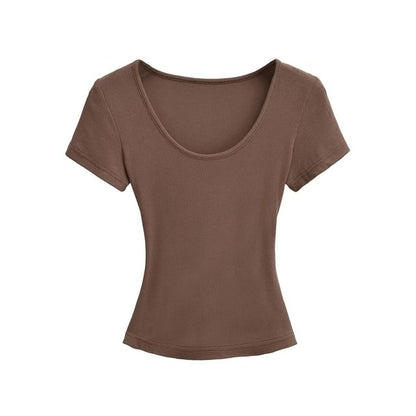 Ribbed Plain Scoop-Neck Short-Sleeved Slim-Fit Cropped T-Shirt