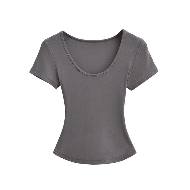 Ribbed Plain Scoop-Neck Short-Sleeved Slim-Fit Cropped T-Shirt