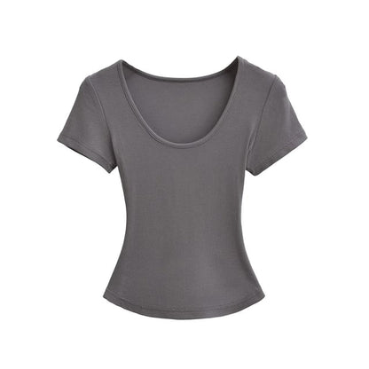 Ribbed Plain Scoop-Neck Short-Sleeved Slim-Fit Cropped T-Shirt