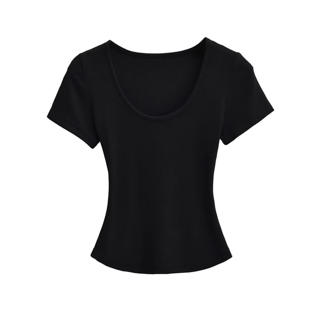 Ribbed Plain Scoop-Neck Short-Sleeved Slim-Fit Cropped T-Shirt
