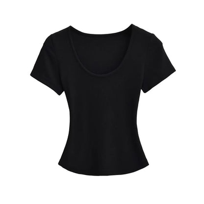 Ribbed Plain Scoop-Neck Short-Sleeved Slim-Fit Cropped T-Shirt