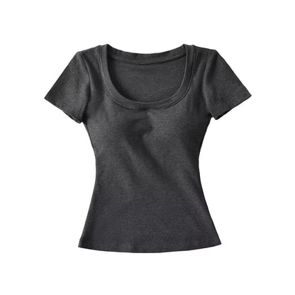 Plain Padded Scoop-Neck Short-Sleeved Cropped T-Shirt