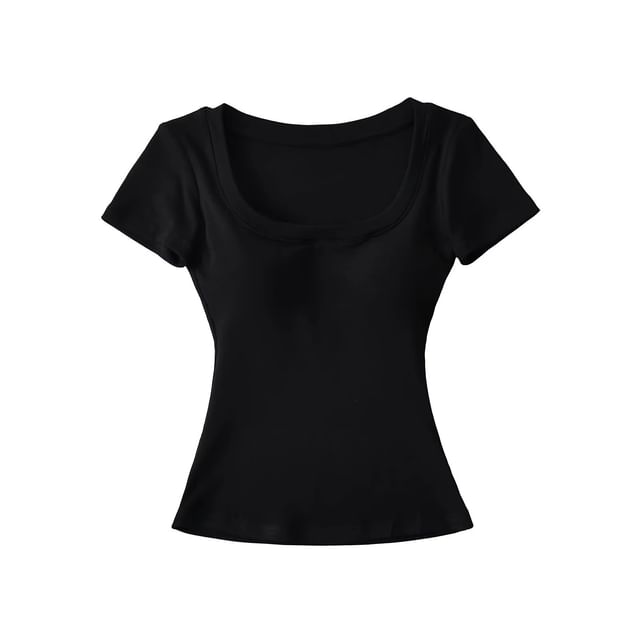 Plain Padded Scoop-Neck Short-Sleeved Cropped T-Shirt